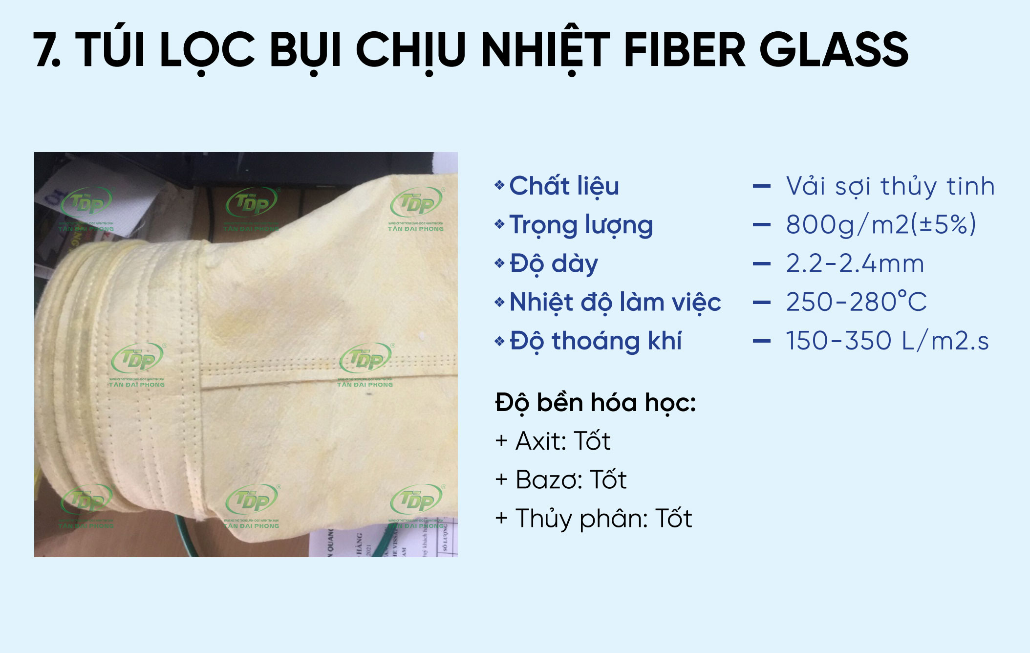 Túi lọc bụi chịu nhiệt Fiber Glass sợi thủy tinh