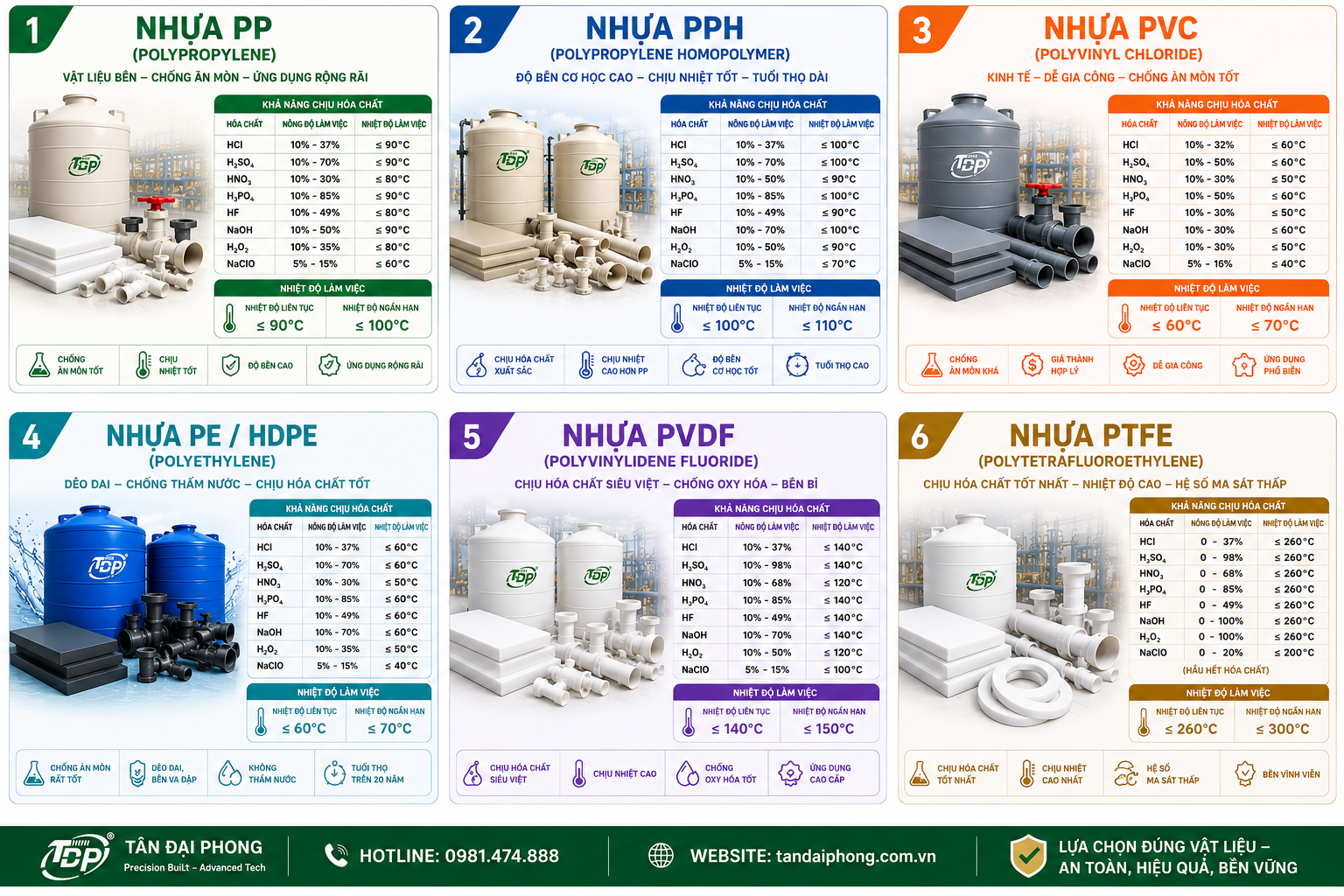 Bảng Tra Khả Năng Chịu Hóa Chất Của Nhựa PP, PPH, PVC, PE, PVDF, PTFE Theo Nồng Độ Và Nhiệt Độ Làm Việc
