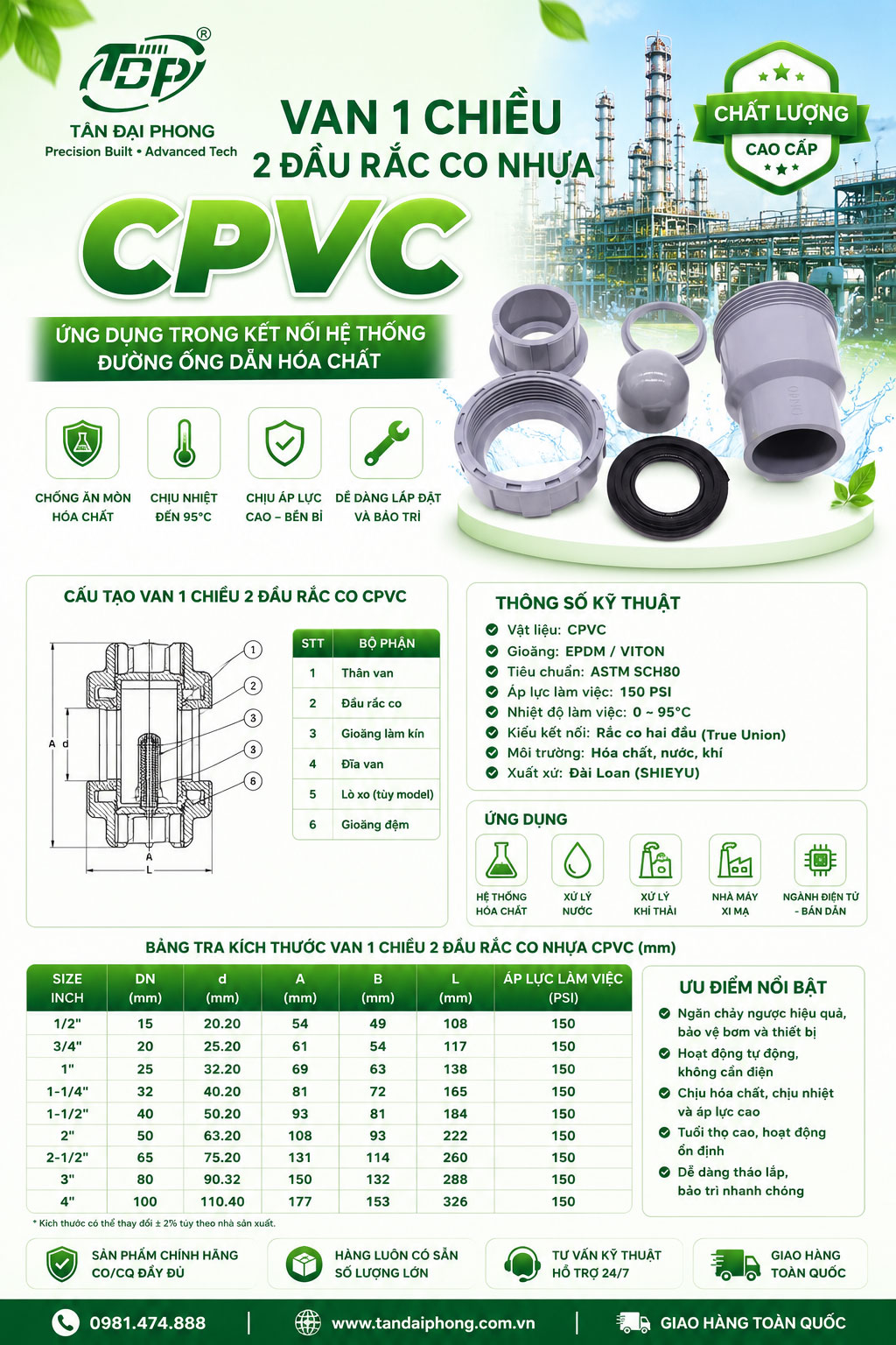 Van 1 Chiều 2 Đầu Rắc Co Nhựa CPVC