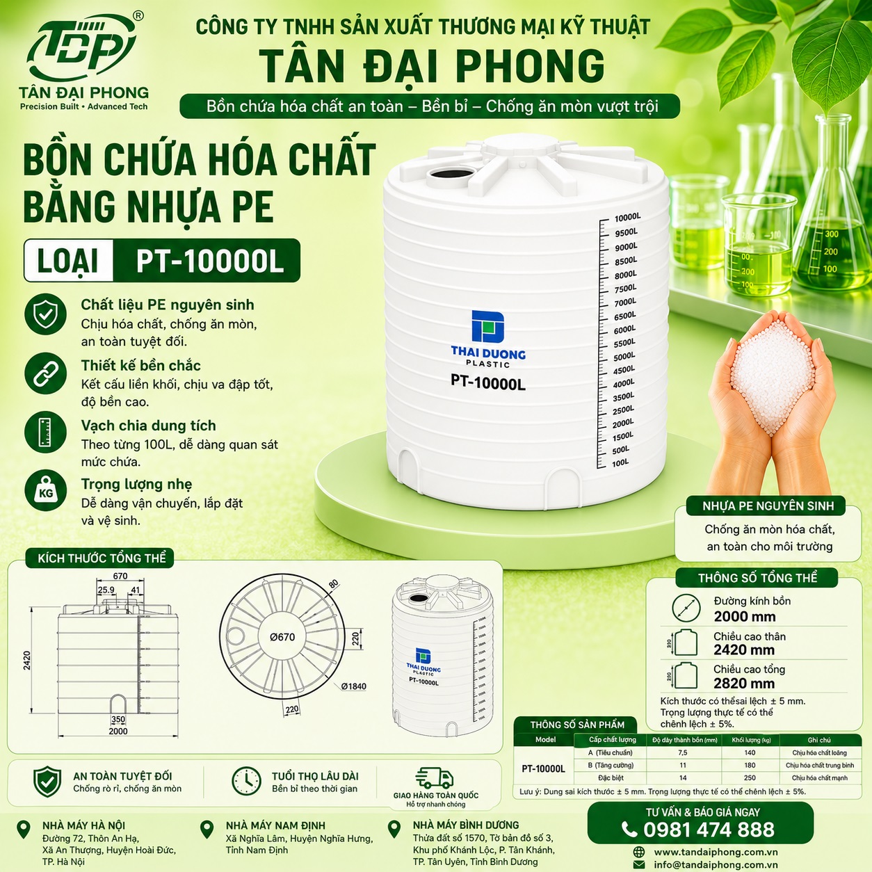 Bồn Chứa Hóa Chất 10000L Bằng Nhựa PE