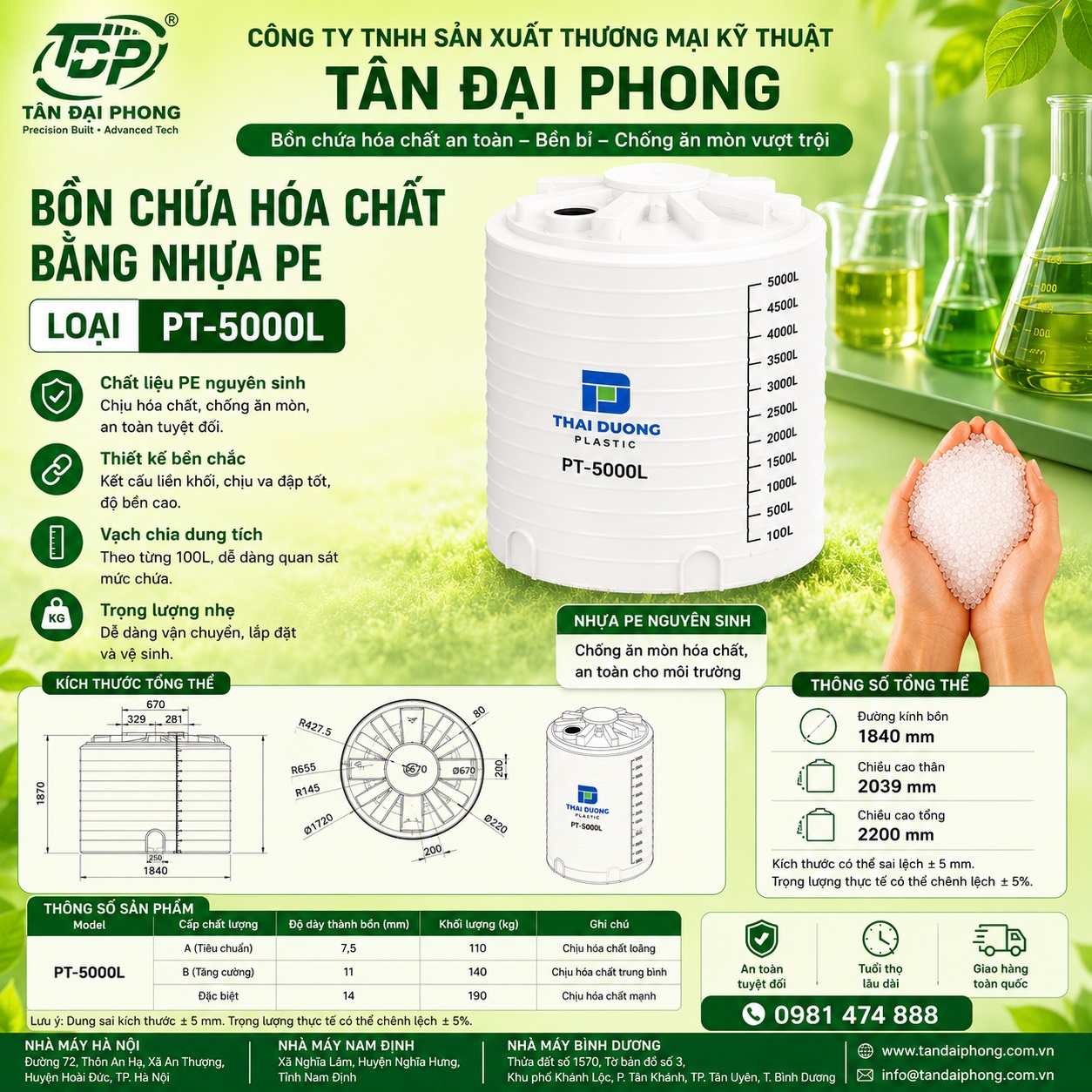 Bồn Chứa Hóa Chất 5000L Bằng Nhựa PE (5m3)