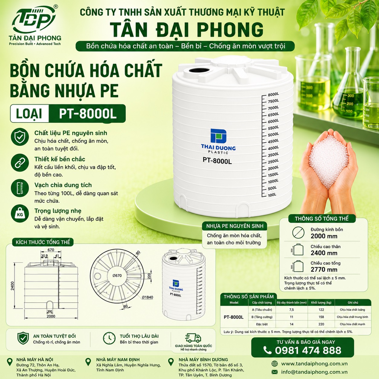 Bồn Chứa Hóa Chất 8000L Bằng Nhựa PE (8m3)