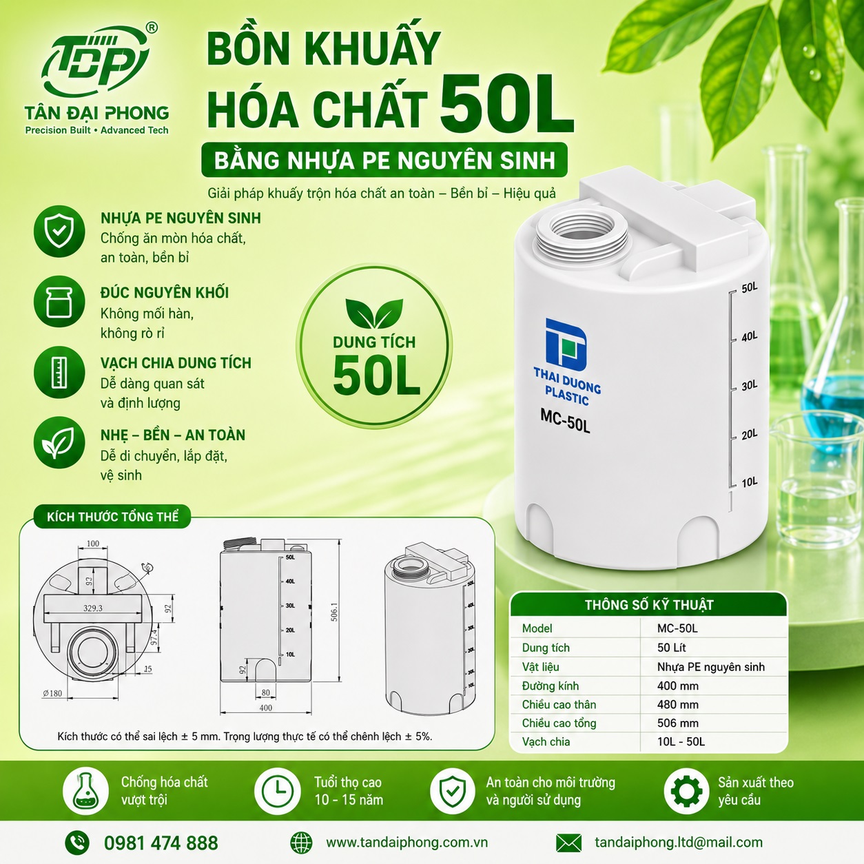 Bồn Khuấy Hóa Chất 50L Bằng Nhựa PE